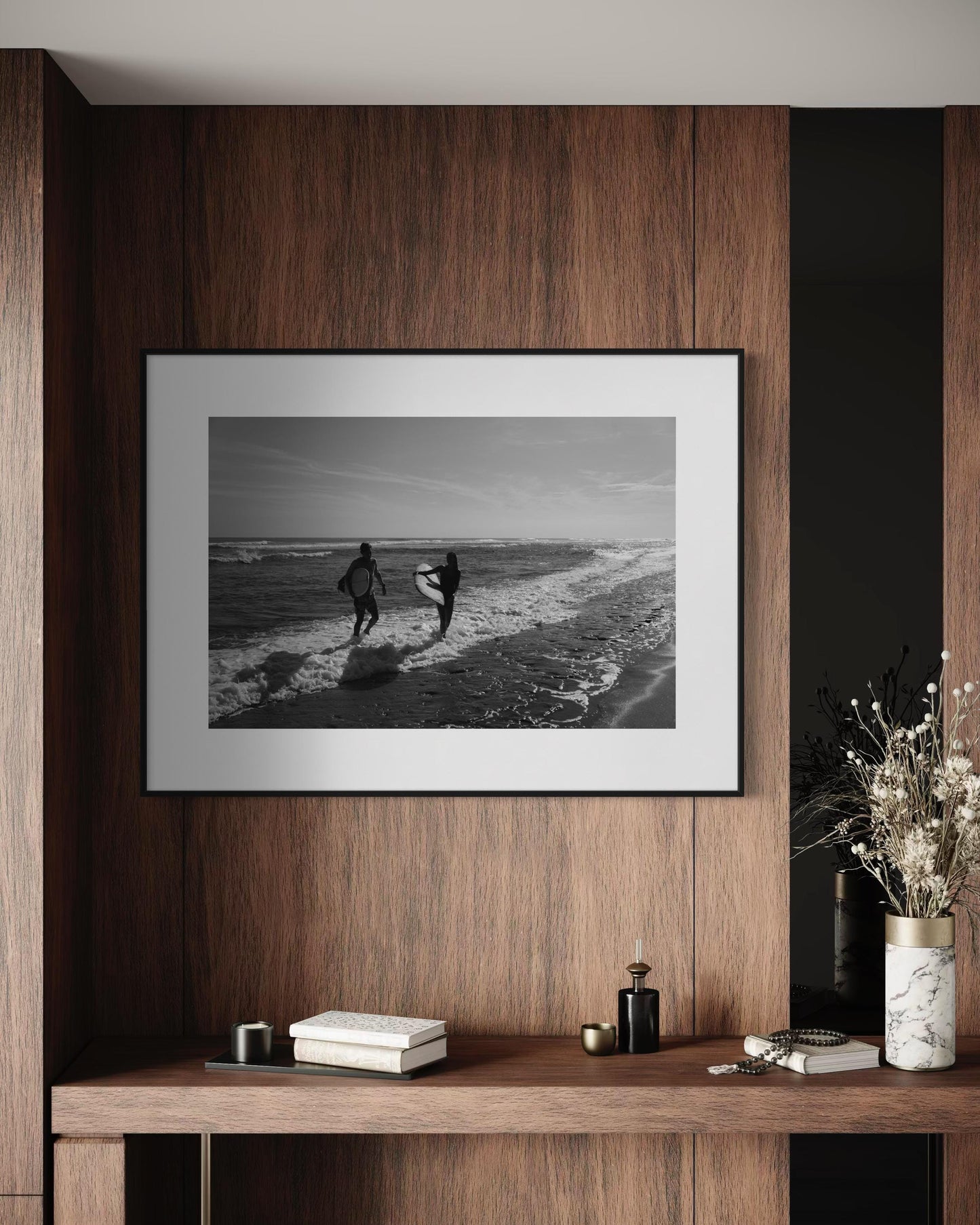 Fine Art Black and White Surf Beach Photography, Surfers on the Shoreline Art Print, Coastal Wall Decor for Ocean Lovers - California Miami