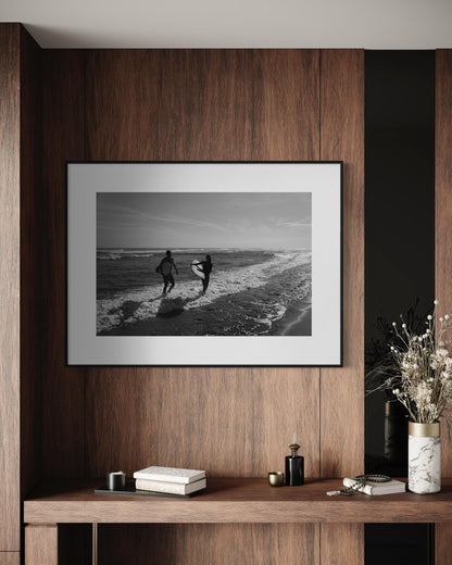 Fine Art Black and White Surf Beach Photography, Surfers on the Shoreline Art Print, Coastal Wall Decor for Ocean Lovers - California Miami
