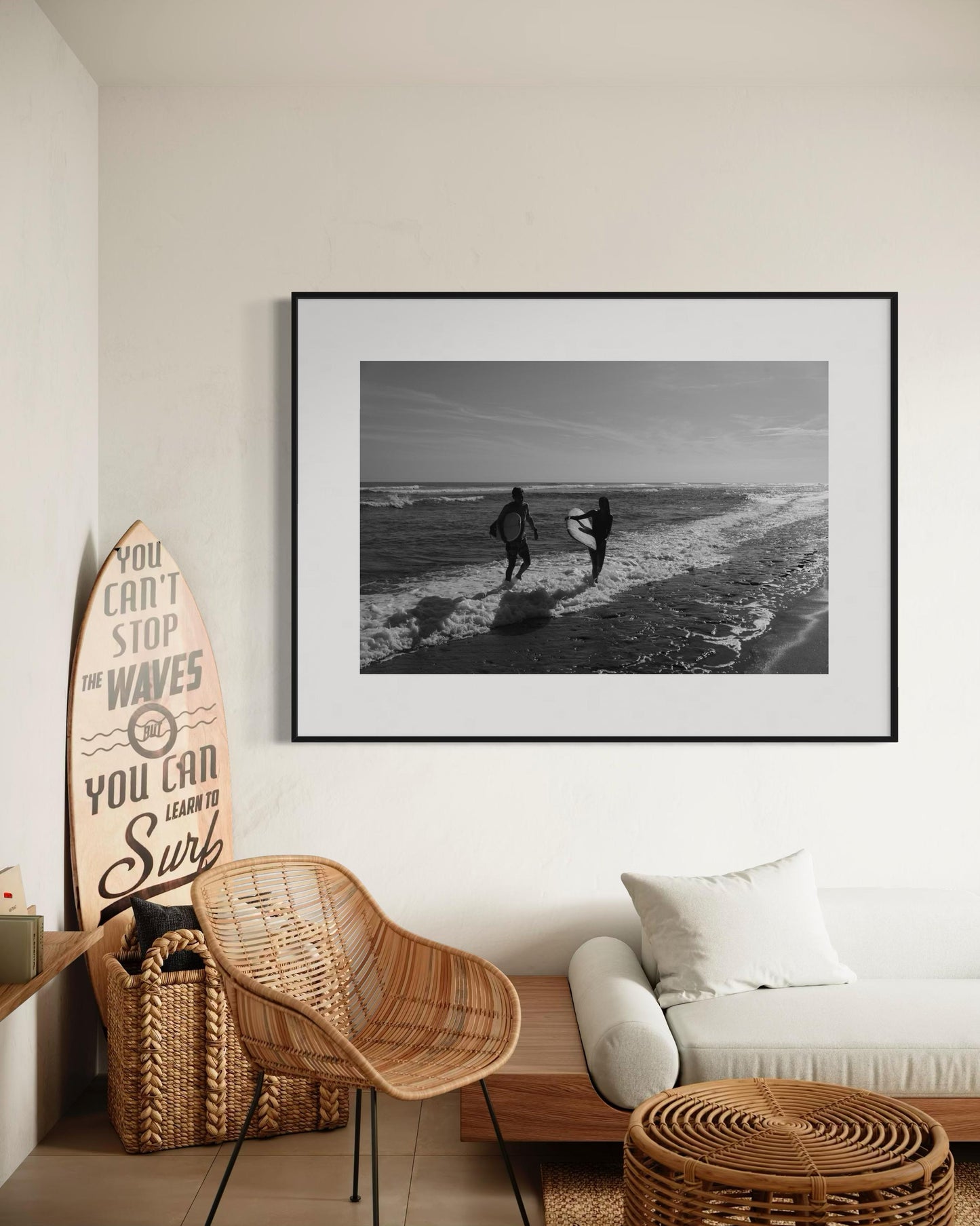 Fine Art Black and White Surf Beach Photography, Surfers on the Shoreline Art Print, Coastal Wall Decor for Ocean Lovers - California Miami