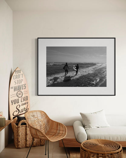 Fine Art Black and White Surf Beach Photography, Surfers on the Shoreline Art Print, Coastal Wall Decor for Ocean Lovers - California Miami