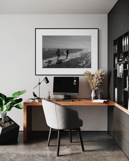 Fine Art Black and White Surf Beach Photography, Surfers on the Shoreline Art Print, Coastal Wall Decor for Ocean Lovers - California Miami