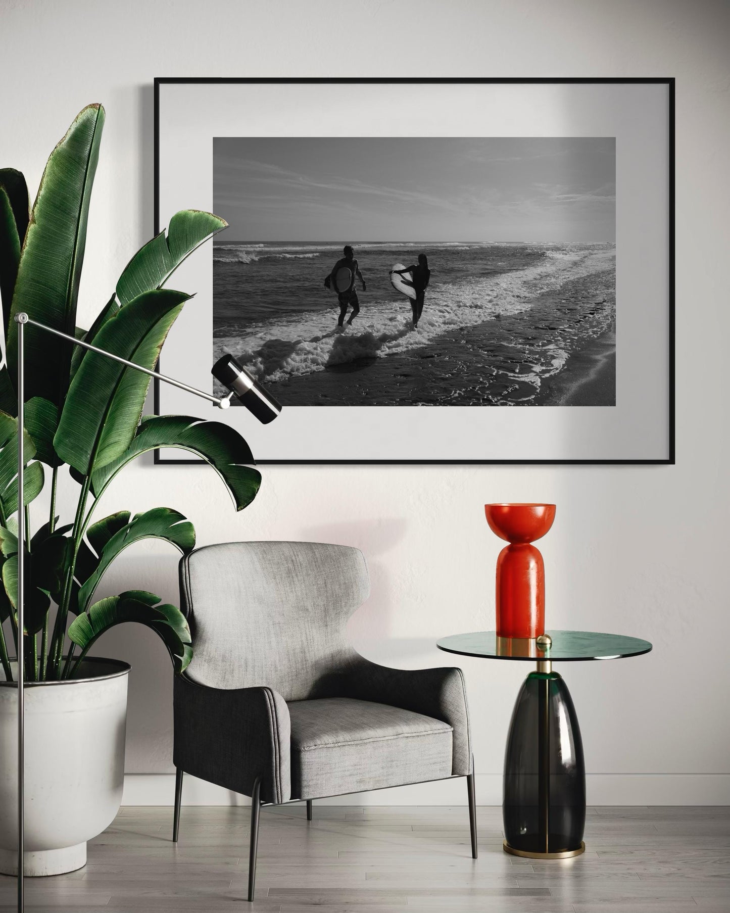 Fine Art Black and White Surf Beach Photography, Surfers on the Shoreline Art Print, Coastal Wall Decor for Ocean Lovers - California Miami