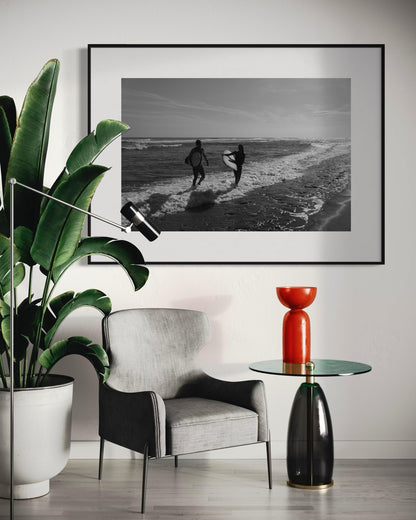 Fine Art Black and White Surf Beach Photography, Surfers on the Shoreline Art Print, Coastal Wall Decor for Ocean Lovers - California Miami