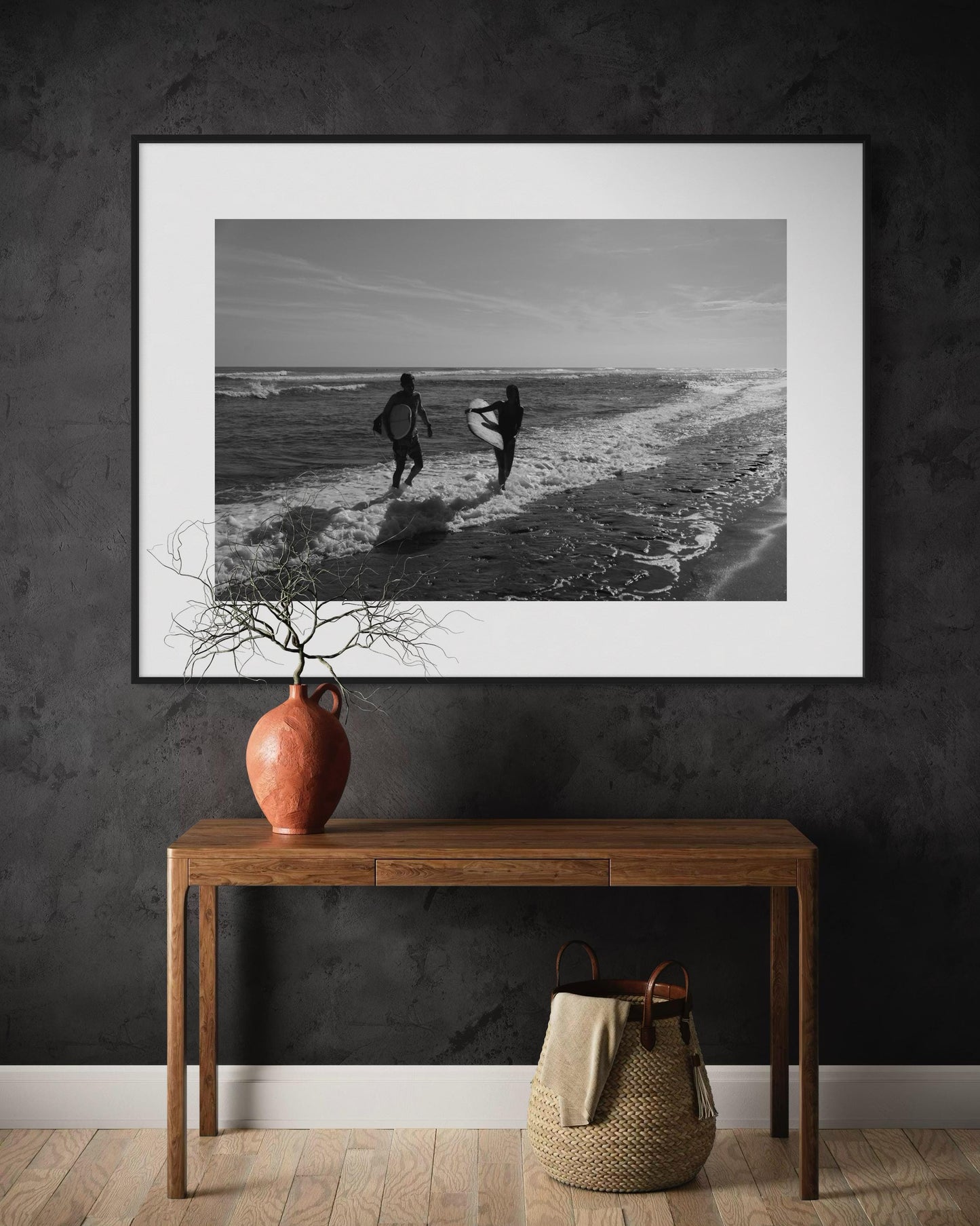 Fine Art Black and White Surf Beach Photography, Surfers on the Shoreline Art Print, Coastal Wall Decor for Ocean Lovers - California Miami
