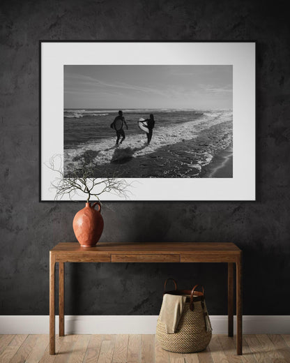Fine Art Black and White Surf Beach Photography, Surfers on the Shoreline Art Print, Coastal Wall Decor for Ocean Lovers - California Miami