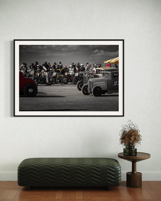 Fine Art Print -  Vintage Motorcycle Drag Race,  TROG - Black & White with Pops of Color - Garage, Office, man cave, bar decor, gift for him