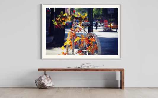 Autumn Awakening: White Bicycle Amidst Fall's Embrace - Seasonal Wall Art- Modern Mood Wall Accent Photo Print Poster