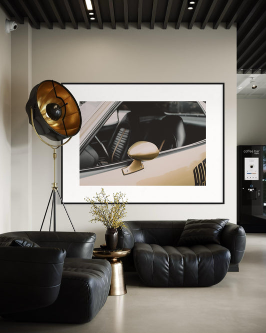 Vintage Muscle Car Detail Art Print, Classic Gold Mirror Automotive Photography, Sleek Retro Modern Contemporary Interior Wall Art Decor