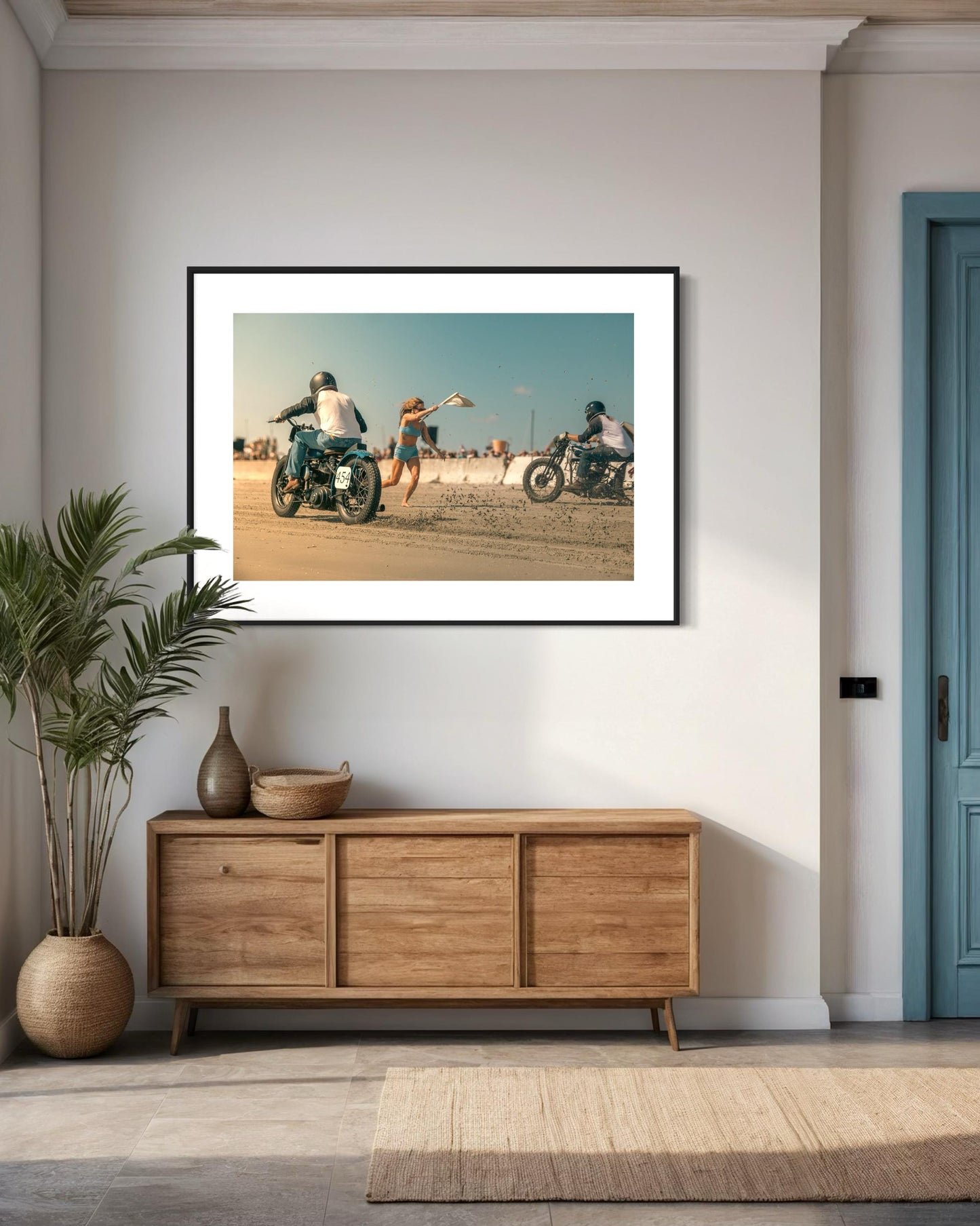 Fine Art Print -  Flag Girl & Vintage Motorcycle Race Start - Beach Drag Racing Wall Art - TROG Poster, housewarming gift, garage, man cave