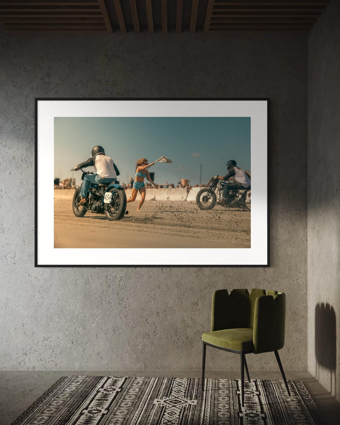 Fine Art Print -  Flag Girl & Vintage Motorcycle Race Start - Beach Drag Racing Wall Art - TROG Poster, housewarming gift, garage, man cave