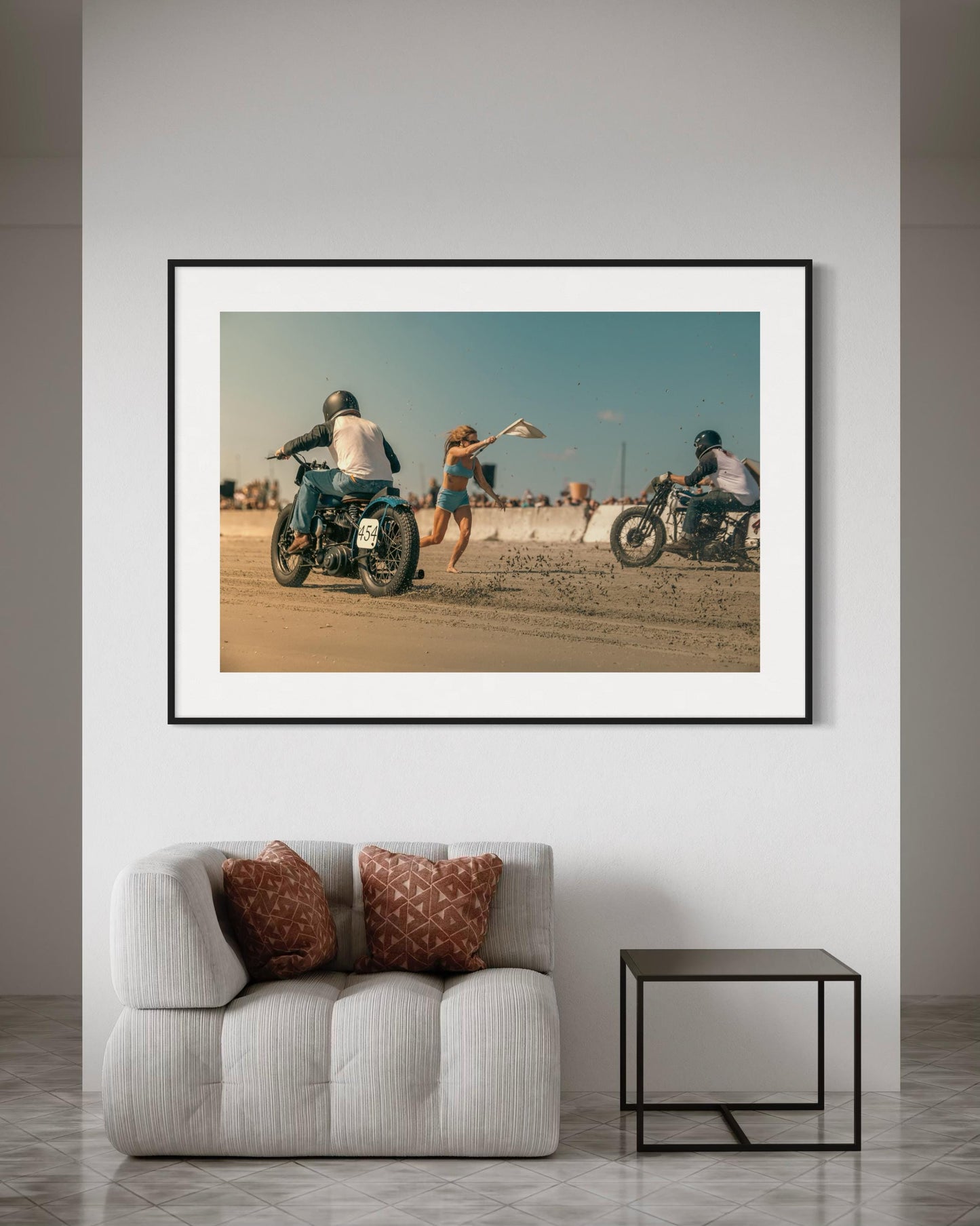 Fine Art Print -  Flag Girl & Vintage Motorcycle Race Start - Beach Drag Racing Wall Art - TROG Poster, housewarming gift, garage, man cave