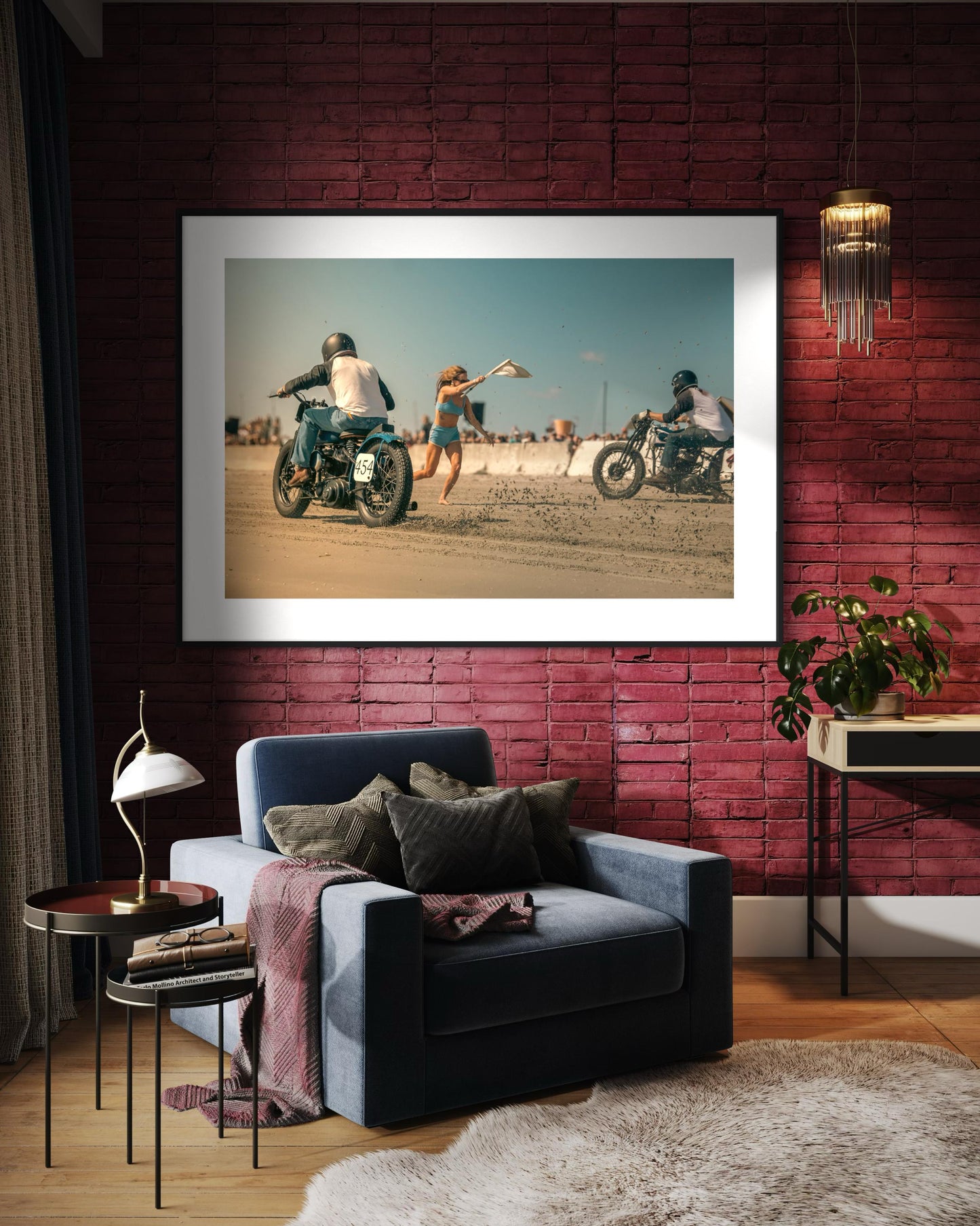 Fine Art Print -  Flag Girl & Vintage Motorcycle Race Start - Beach Drag Racing Wall Art - TROG Poster, housewarming gift, garage, man cave