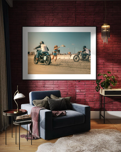 Fine Art Print -  Flag Girl & Vintage Motorcycle Race Start - Beach Drag Racing Wall Art - TROG Poster, housewarming gift, garage, man cave