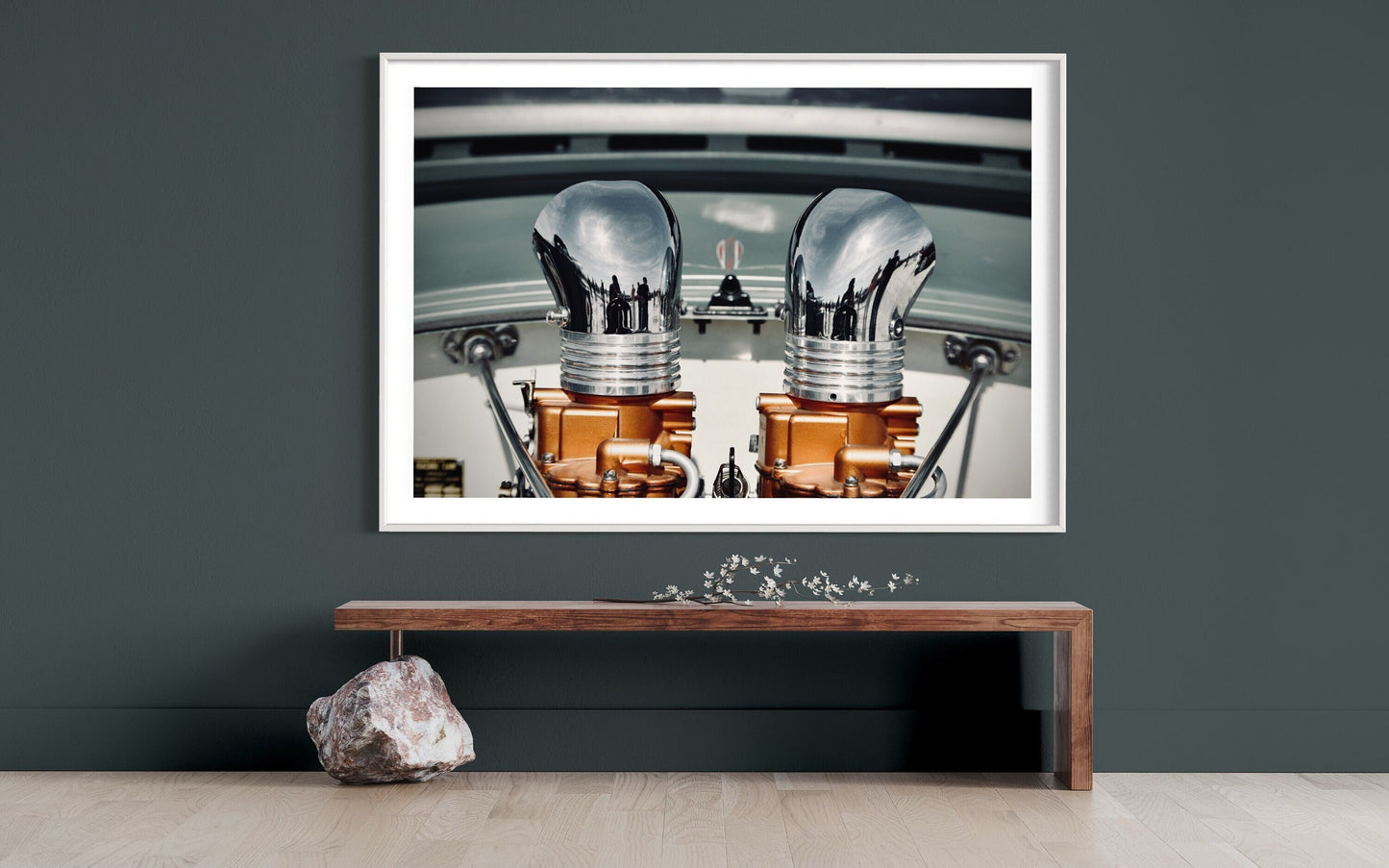 Carburetor Chrome Pipes Emergence - Bronze Orange Base on White Car Backdrop Minimalist Photo Print