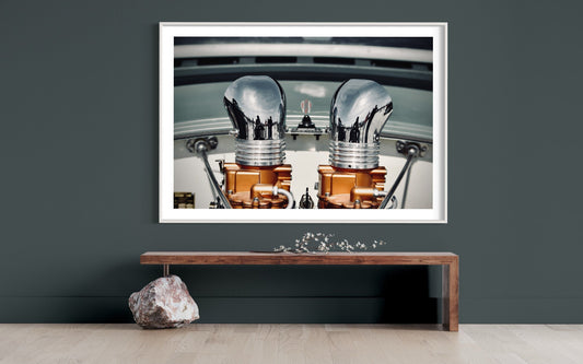 Carburetor Chrome Pipes Emergence - Bronze Orange Base on White Car Backdrop Minimalist Photo Print