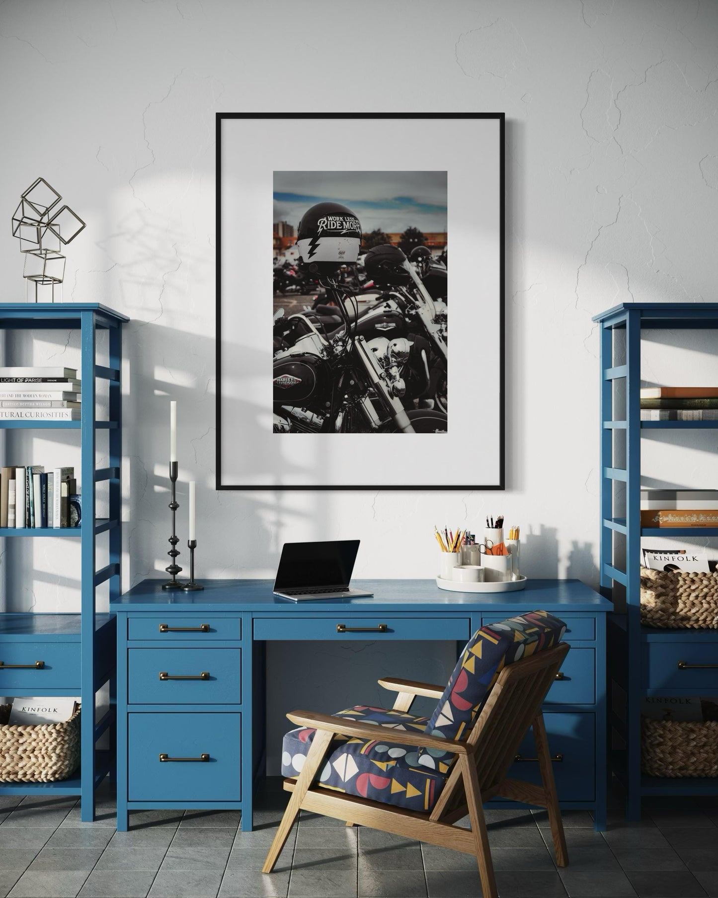 Fine Art Print - Work Less Ride More, Harley-Davidson Motorcycle Print, Biker Wall Decor, Gift, Man Cave, garage, office, housewarming