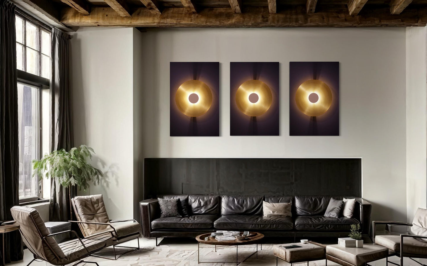 Golden Aura Wall Art Series - Set of 3 Minimalist Light Circle Print for Modern Home Decor
