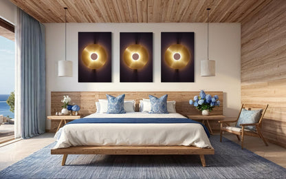 Golden Aura Wall Art Series - Set of 3 Minimalist Light Circle Print for Modern Home Decor