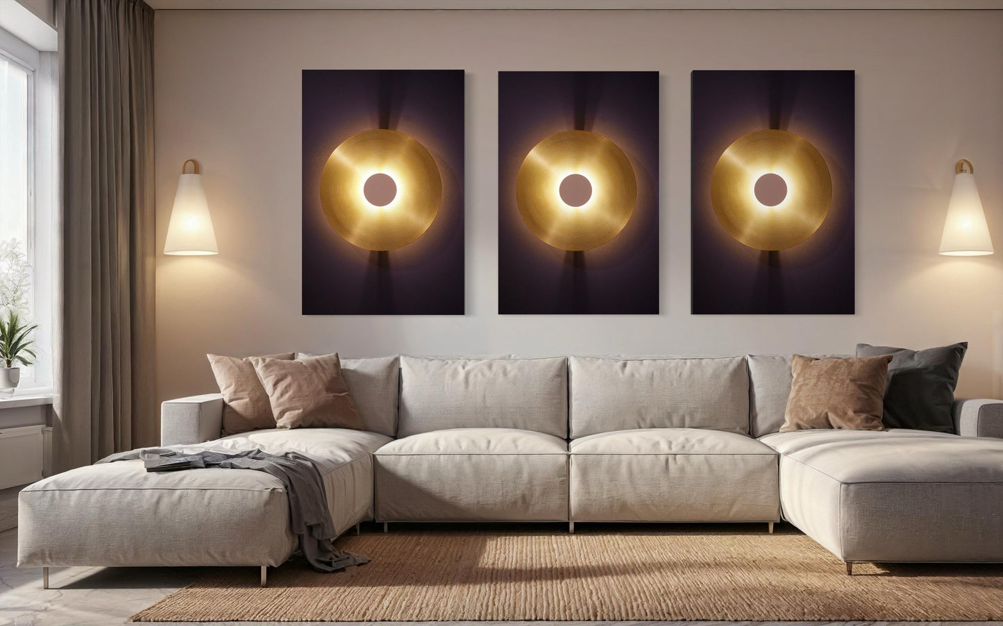 Golden Aura Wall Art Series - Set of 3 Minimalist Light Circle Print for Modern Home Decor