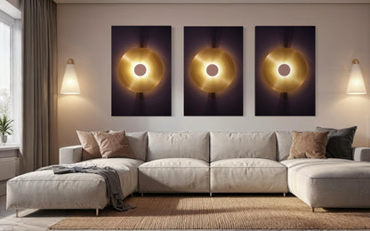 Golden Aura Wall Art Series - Set of 3 Minimalist Light Circle Print for Modern Home Decor
