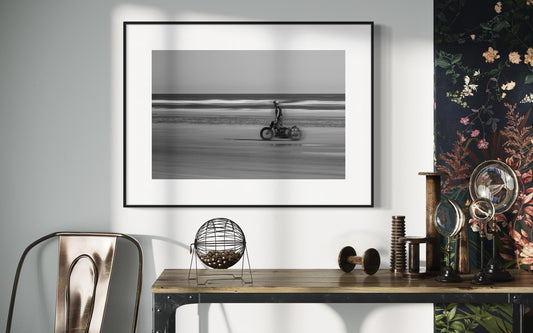 Fine Art Print - Vintage Motorcycle Racing Wall Art - Black and White Beach Photography Print for Wall Decor - Modern Retro Biker Wall Decor