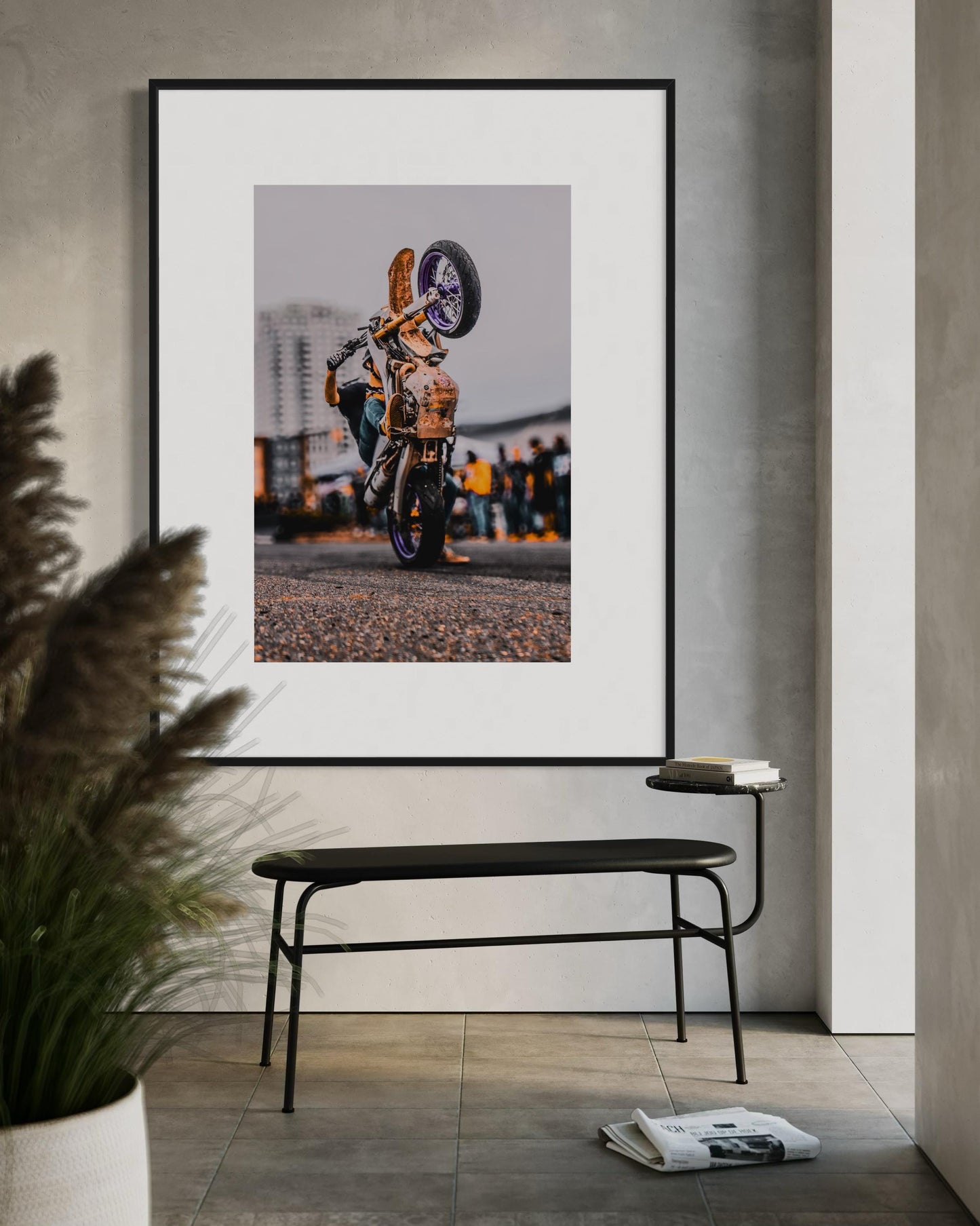 Fine Art Print - Purple Motocross Wall Art, Motorcycle Wheelie, Dirt Bike Print, Poster for Extreme Sports, Bedroom Decor, Gift Ideas
