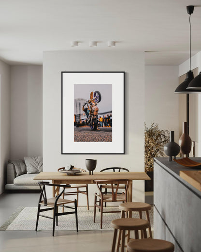 Fine Art Print - Purple Motocross Wall Art, Motorcycle Wheelie, Dirt Bike Print, Poster for Extreme Sports, Bedroom Decor, Gift Ideas