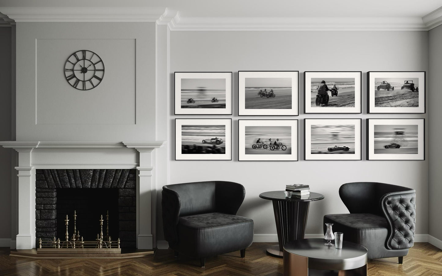 Fine Art Racing Wall Art Collection - Set of 8 Black White Monochrome Beach Drag Racing Wall Art - Hotrod Motorcycle Print Poster - TROG