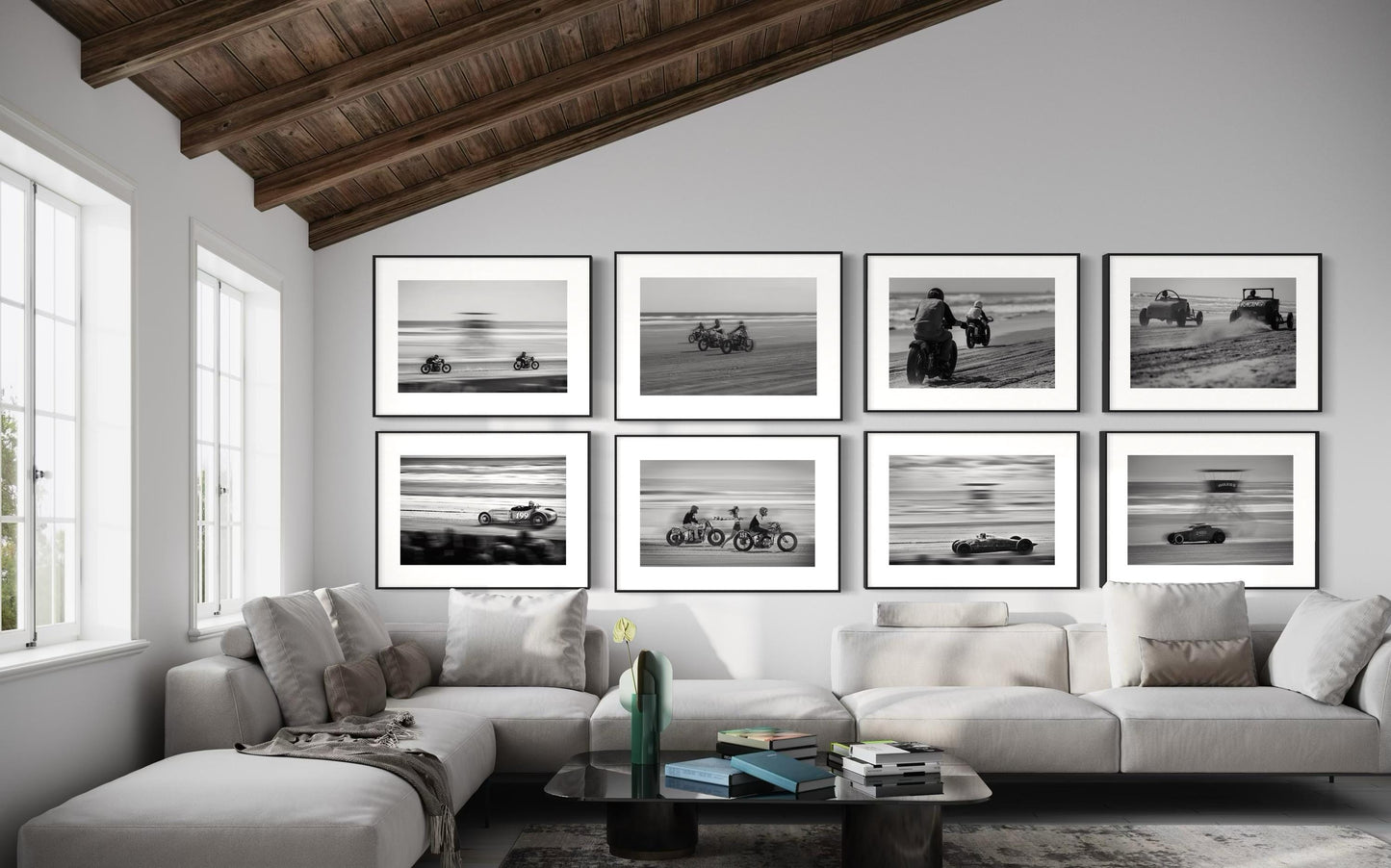 Fine Art Racing Wall Art Collection - Set of 8 Black White Monochrome Beach Drag Racing Wall Art - Hotrod Motorcycle Print Poster - TROG