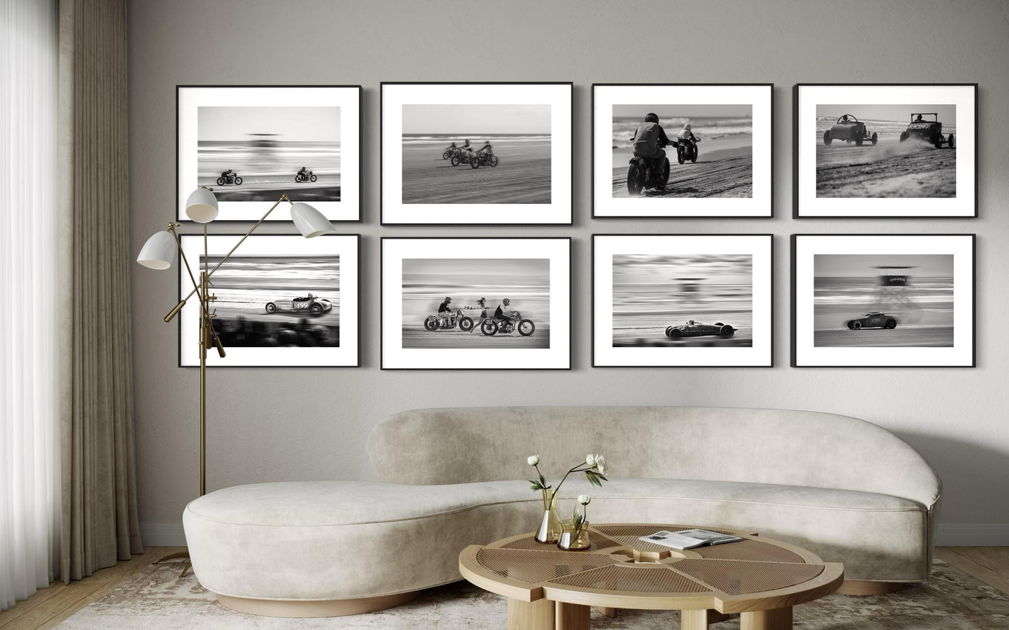 Fine Art Racing Wall Art Collection - Set of 8 Black White Monochrome Beach Drag Racing Wall Art - Hotrod Motorcycle Print Poster - TROG