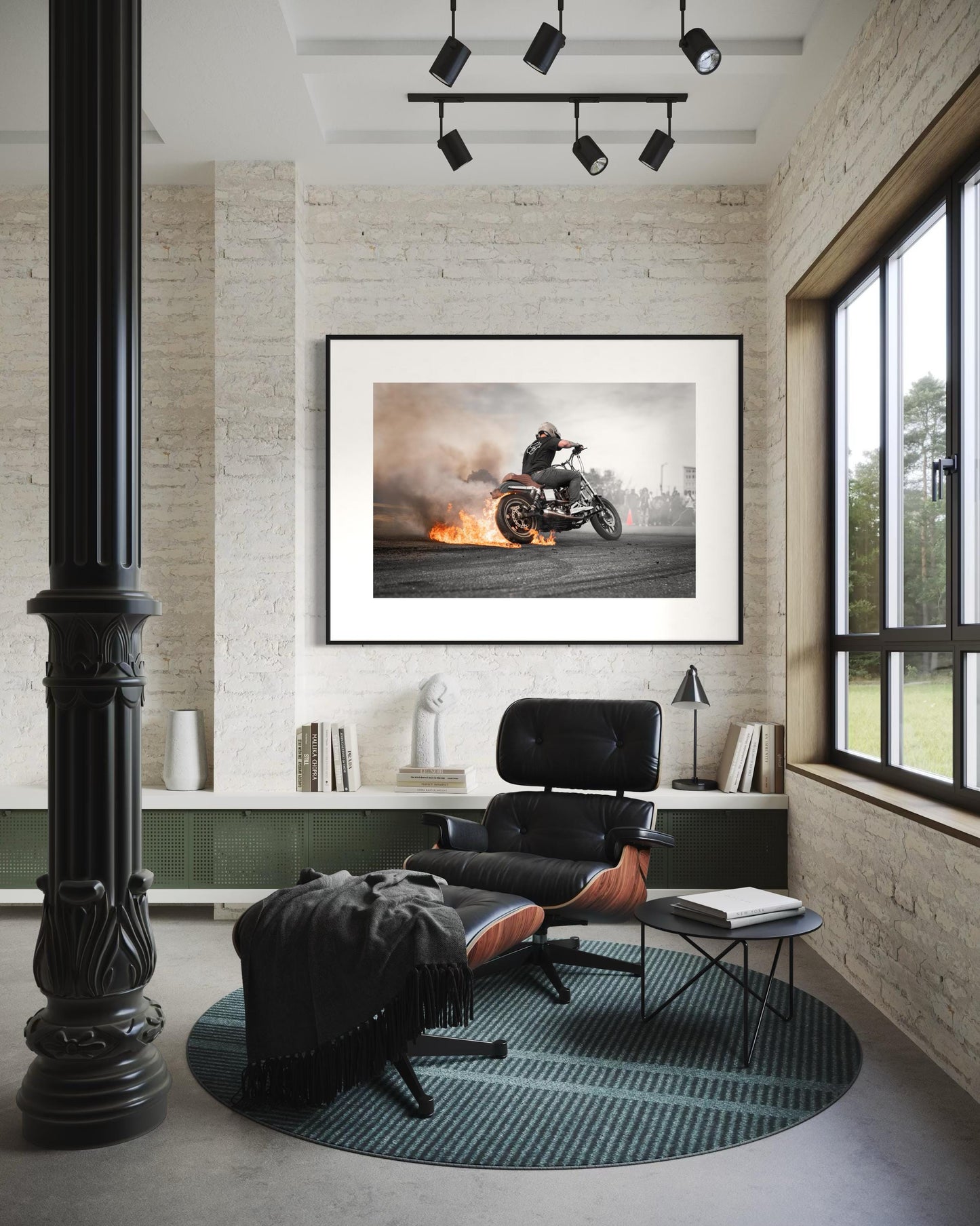 Fine Art Print - Motorcycle Stunt Fire Burnout Wall Art, Bold Harley Davidson Dyna Poster for Office, Garage, Workshop, Bar, Man Cave Decor