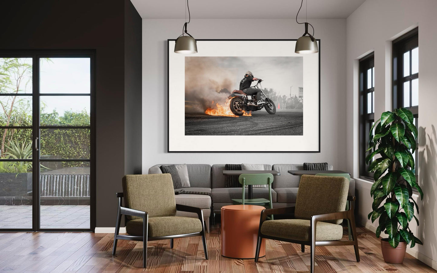 Fine Art Print - Motorcycle Stunt Fire Burnout Wall Art, Bold Harley Davidson Dyna Poster for Office, Garage, Workshop, Bar, Man Cave Decor