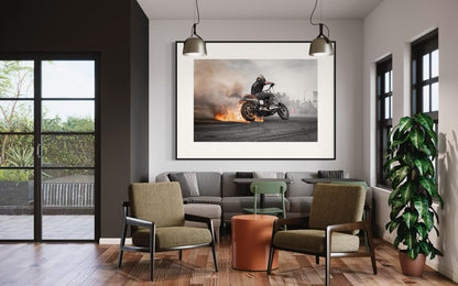 Fine Art Print - Motorcycle Stunt Fire Burnout Wall Art, Bold Harley Davidson Dyna Poster for Office, Garage, Workshop, Bar, Man Cave Decor