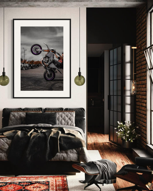 Fine Art Print - Motocross Stunt Fire Burnout Wall Art  Motorcycle Biker Decor, Colorful Energy, Minimalist,  garage, Bedroom Decor, Gift
