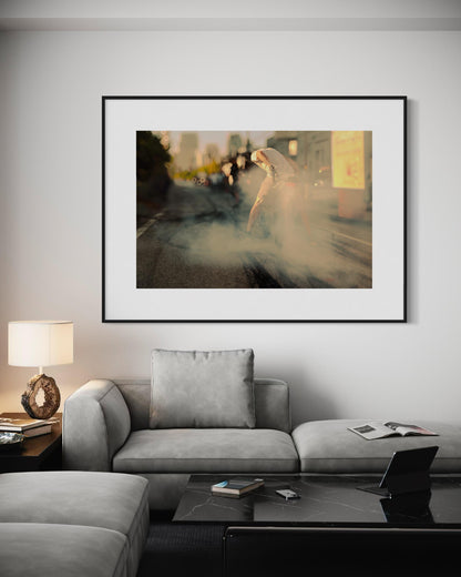 Fine Art Print - Motorcycle Burnout, Smoky Street Scene, Biker Lifestyle Wall Art, Gold Yellow Accent Decor, Gift for him, biker, garage