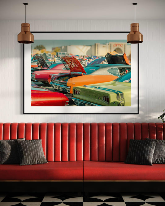 Classic American Muscle Cars Wall Art  Vibrant Retro Muscle Car Print  Nostalgic Pop Color Decor Automotive Fine Art  Pin-up Poster