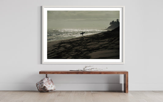 Surfer's Dream: Sunset Serenity - Muted Beach Photography Print- Art Decor Minimalist Mood Wall Accent Photo Poster