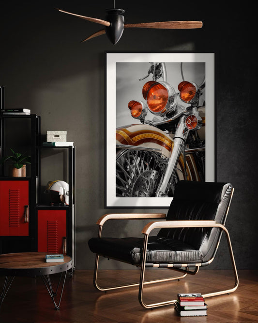 Heritage Harley-Davidson Motorcycle Wall Art - Chrome Orange Abstract Print  American Chopper   Colorful Energy Mood Minimalist Poster