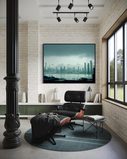 Moody New York City Hudson River Skyline  - Foggy NYC Skyline Wall Art Print | Urban Industrial Landscape Photography Poster - West Side