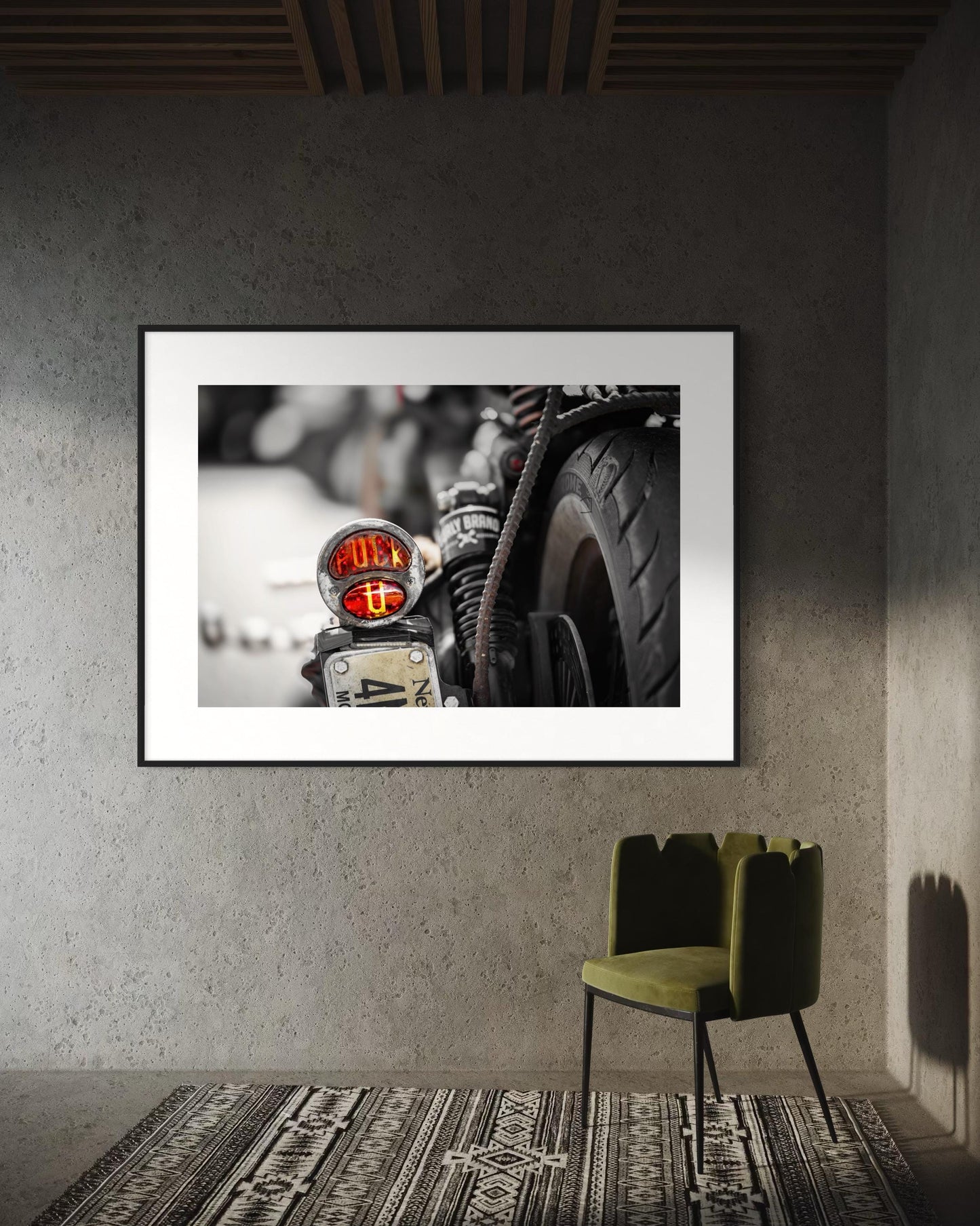 Motorcycle Tail Light Art Print - Raw Rebel Spirit   Industrial Aesthetic  Rustic Decor   Positive Energy Mood Poster