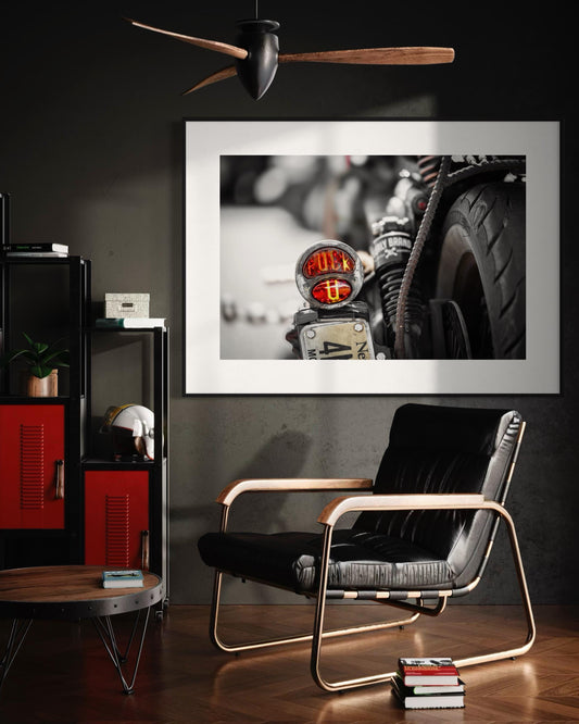 Motorcycle Tail Light Art Print - Raw Rebel Spirit   Industrial Aesthetic  Rustic Decor   Positive Energy Mood Poster
