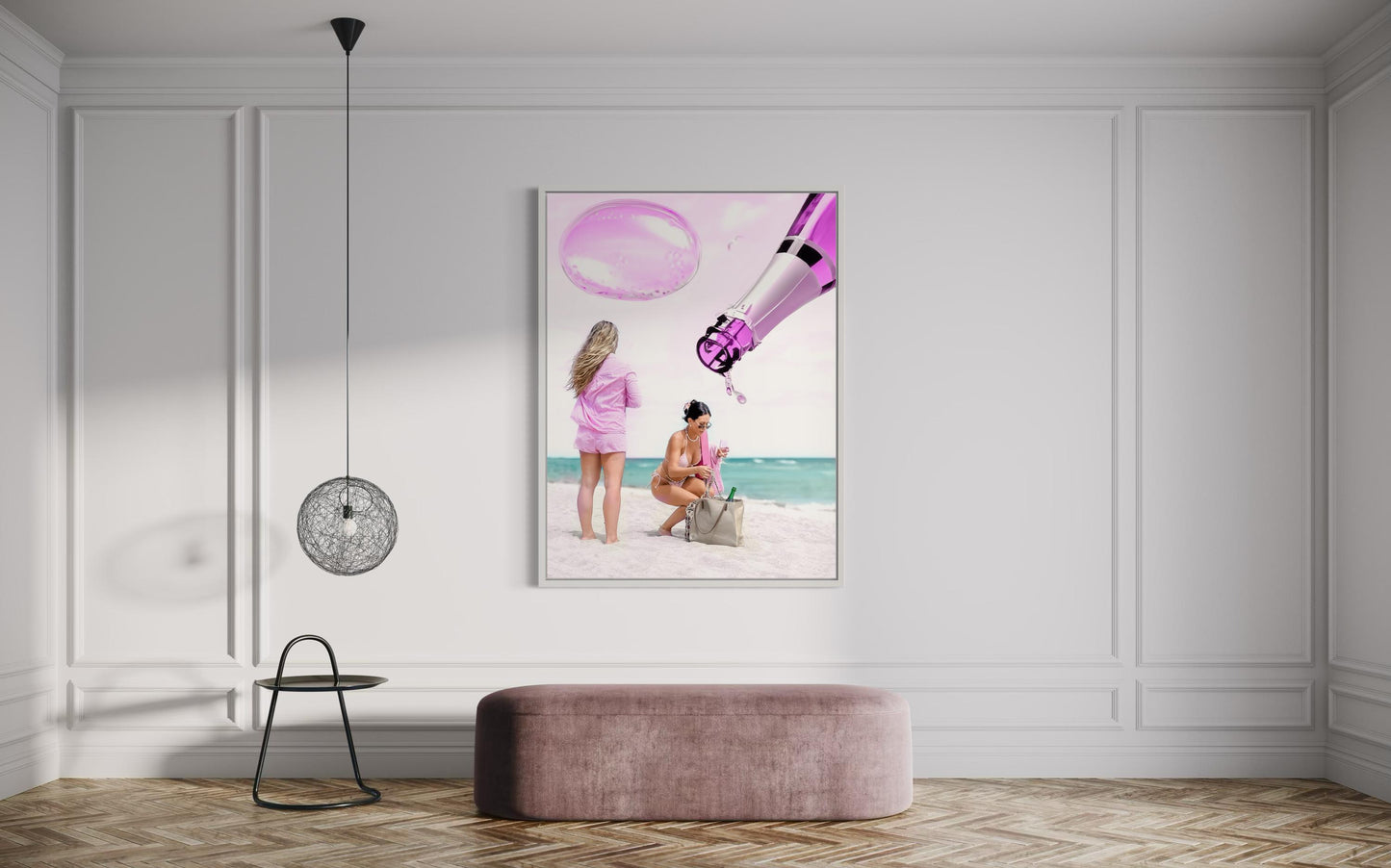 Fine Art Print - Champagne Beach Girl Problems - Champagne Print, Pink Wall Art, Cocktail Print, Bar Cart Decor, Pink Decor, Gil Stunner
