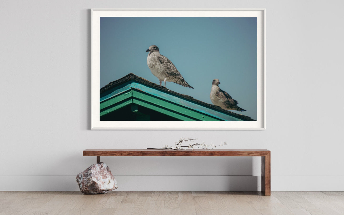 Fine Art Print - Seagulls on teal roof coastal wall art, beach house decor in soft pastel sky, serene ocean minimalism fine art for home