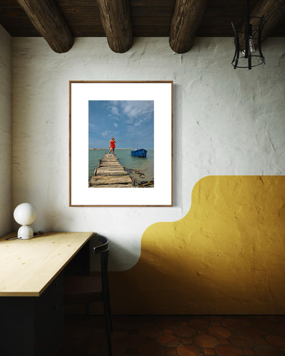 Rustic Pier Photography Print, Coastal Beach House Wall Art, Red Dress and Blue Boat Seascape, Limited Edition Decor - Banksy Art Inspired