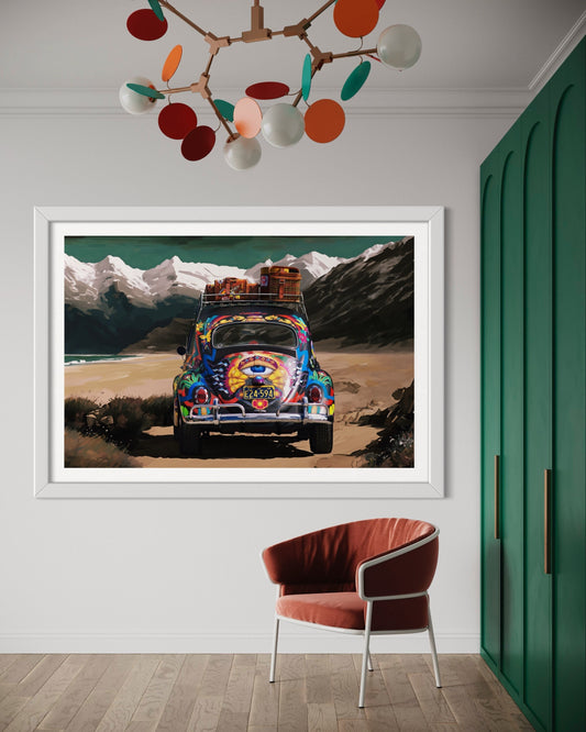 Psychedelic VW Beetle Car Poster - Adventurous Mountain Road Trip Wall Art - Hippie Decor for Travel Lovers Print