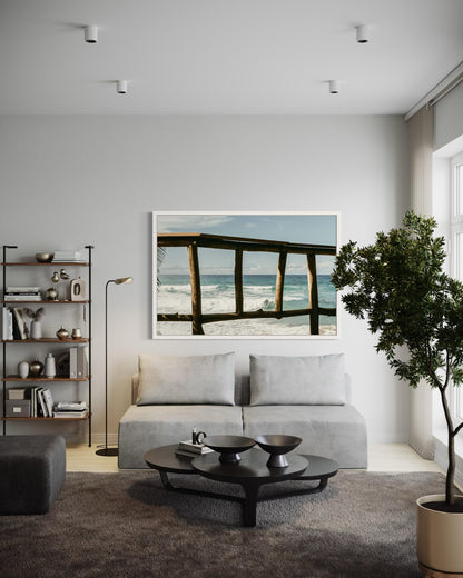 Fine Art Print - Coastal Beach Wall Art Print, Ocean View Through Wooden Fence, Tropical Beach, Relaxing Coastal Decor, Surfing Paradise