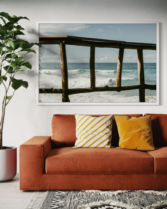 Fine Art Print - Coastal Beach Wall Art Print, Ocean View Through Wooden Fence, Tropical Beach, Relaxing Coastal Decor, Surfing Paradise