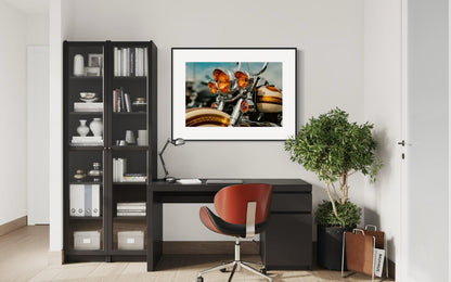 Classic Harley Davidson Motorcycle Chrome and Amber Lights Wall Art, Retro Bike Photography Print, Unique Decor for Biker Enthusiasts