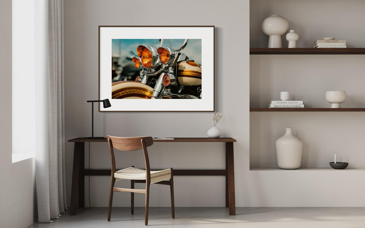Classic Harley Davidson Motorcycle Chrome and Amber Lights Wall Art, Retro Bike Photography Print, Unique Decor for Biker Enthusiasts
