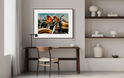 Classic Harley Davidson Motorcycle Chrome and Amber Lights Wall Art, Retro Bike Photography Print, Unique Decor for Biker Enthusiasts